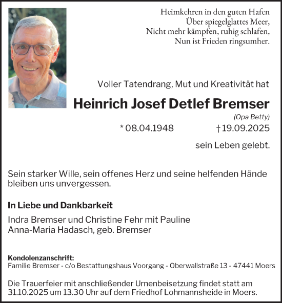 Traueranzeige von Heinrich Josef Detlef Bremser von Tageszeitung