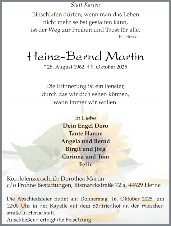 Traueranzeige von Heinz-Bernd Martin von Tageszeitung