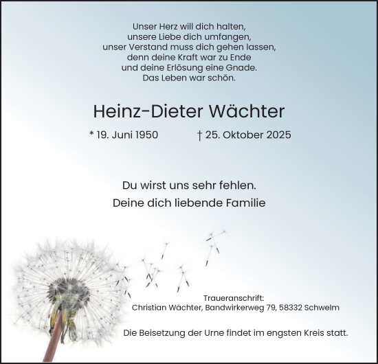 Traueranzeige von Heinz-Dieter Wächter von Tageszeitung