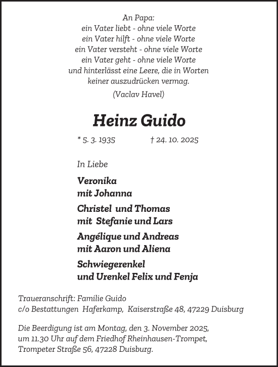 Traueranzeige von Heinz Guido von Tageszeitung