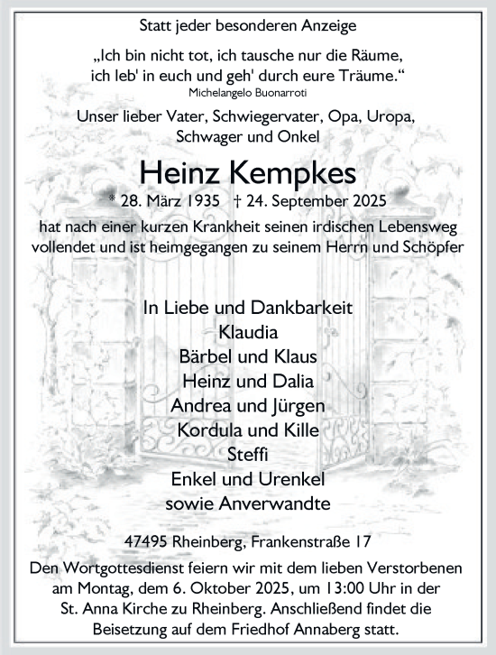 Traueranzeige von Heinz Kempkes von Tageszeitung