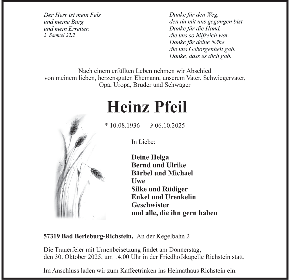  Traueranzeige für Heinz Pfeil vom 23.10.2025 aus Tageszeitung