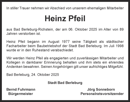 Traueranzeige von Heinz Pfeil von Tageszeitung