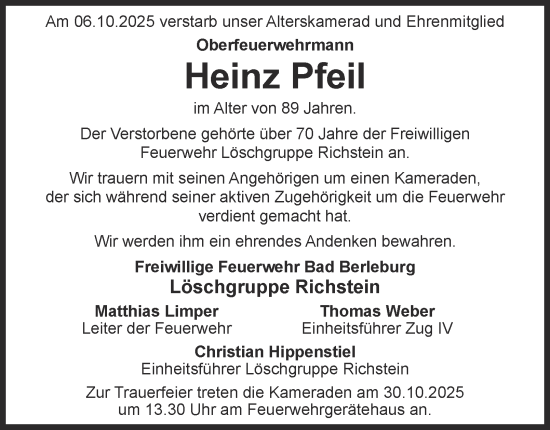 Traueranzeige von Heinz Pfeil von Tageszeitung