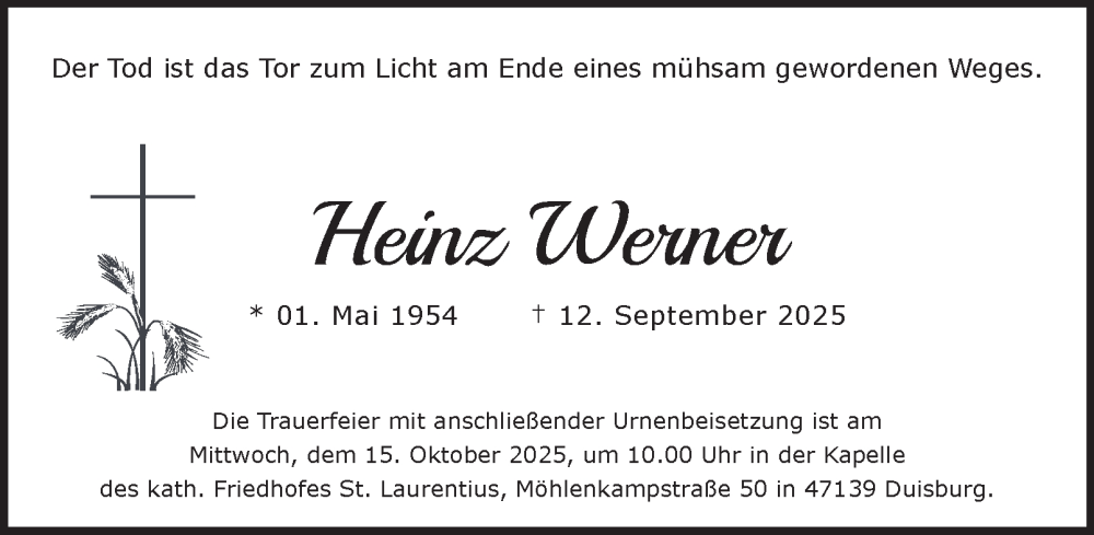  Traueranzeige für Heinz Werner vom 11.10.2025 aus Tageszeitung