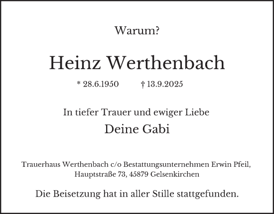 Traueranzeige von Heinz Werthenbach von Tageszeitung