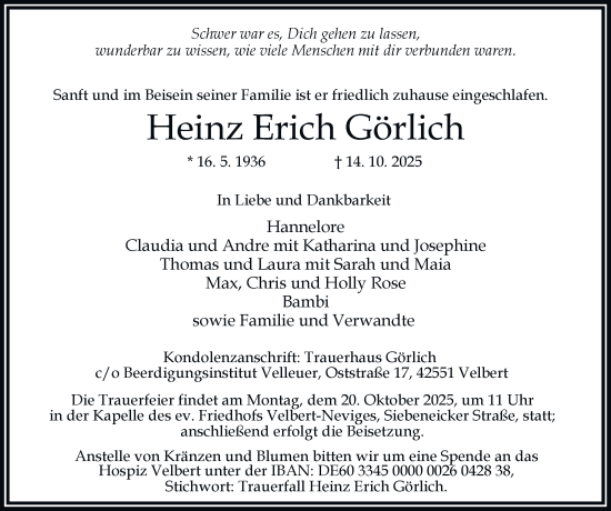 Traueranzeige von Heinz Erich Görlich von Tageszeitung