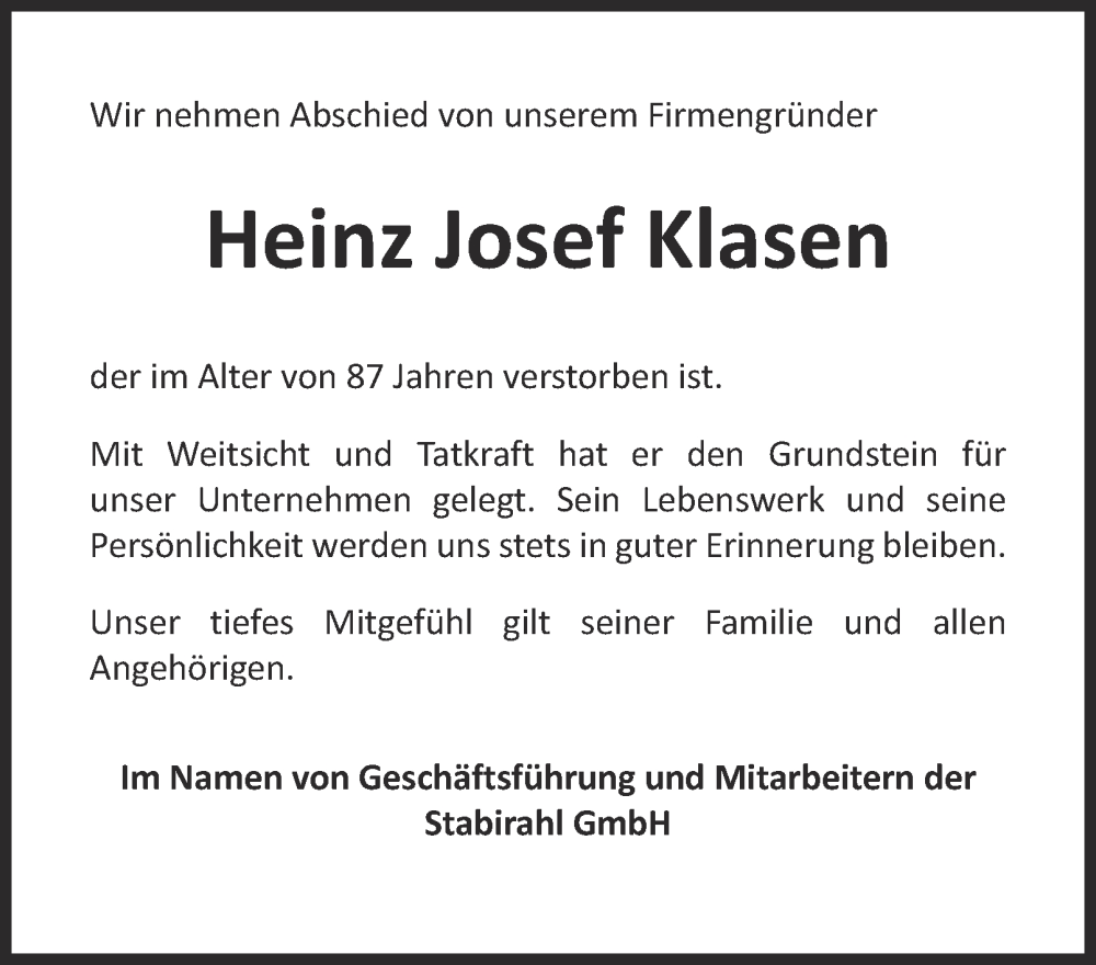  Traueranzeige für Heinz Josef Klasen vom 11.10.2025 aus Tageszeitung