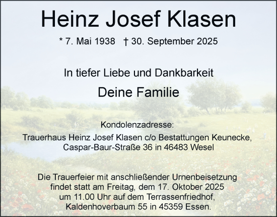 Traueranzeige von Heinz Josef Klasen von Tageszeitung