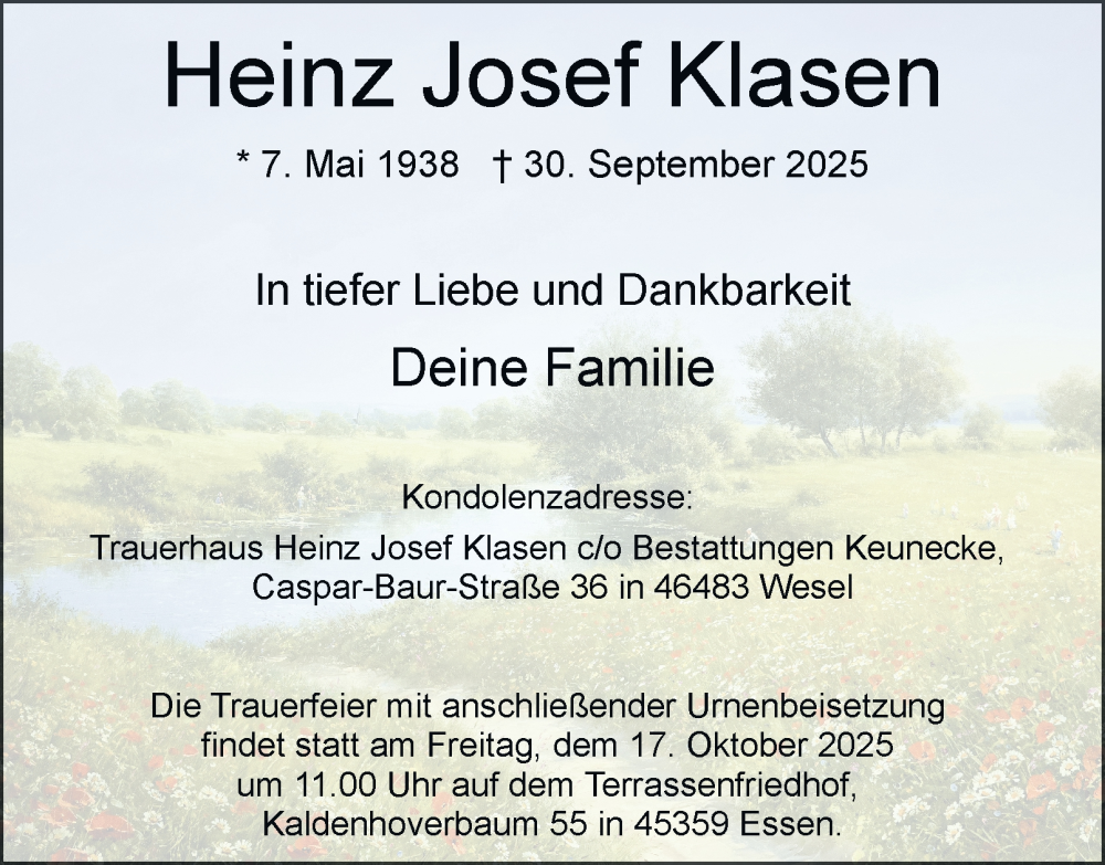  Traueranzeige für Heinz Josef Klasen vom 11.10.2025 aus Tageszeitung