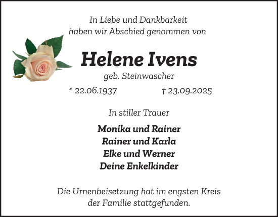 Traueranzeige von Helene Ivens von Tageszeitung