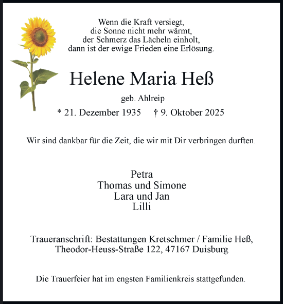 Traueranzeige von Helene Maria Heß von Tageszeitung