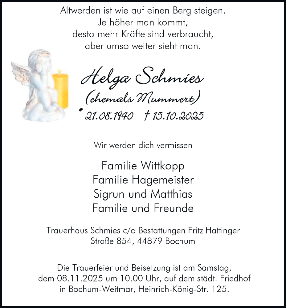  Traueranzeige für Helga Schmies vom 25.10.2025 aus Tageszeitung