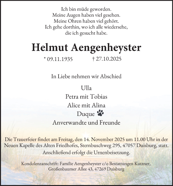 Traueranzeige von Helmut Aengenheyster von Tageszeitung