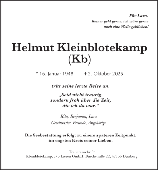 Traueranzeige von Helmut Kleinblotekamp von Tageszeitung