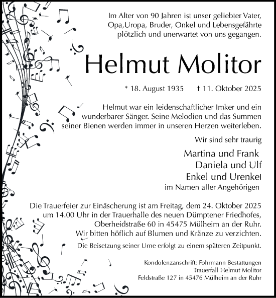 Traueranzeige von Helmut Molitor von Tageszeitung