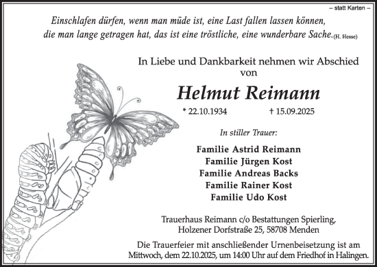 Traueranzeige von Helmut Reimann von Tageszeitung