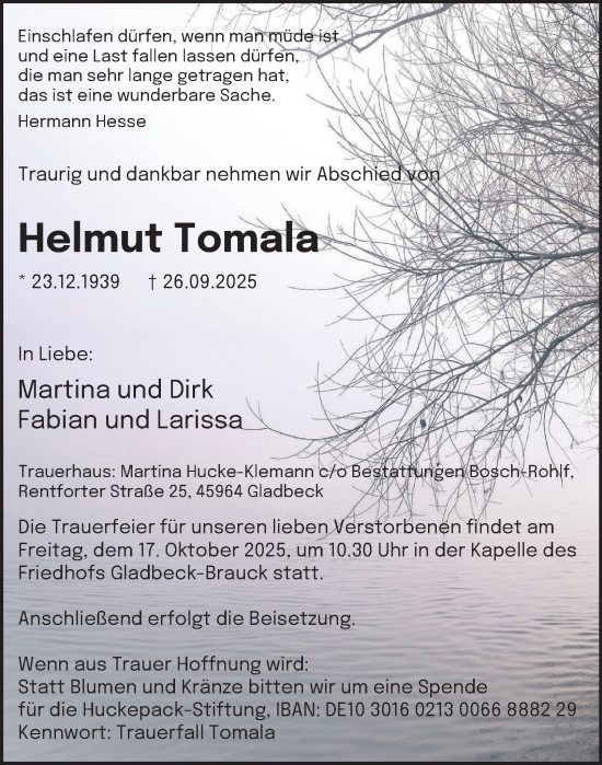 Traueranzeige von Helmut Tomala von Tageszeitung