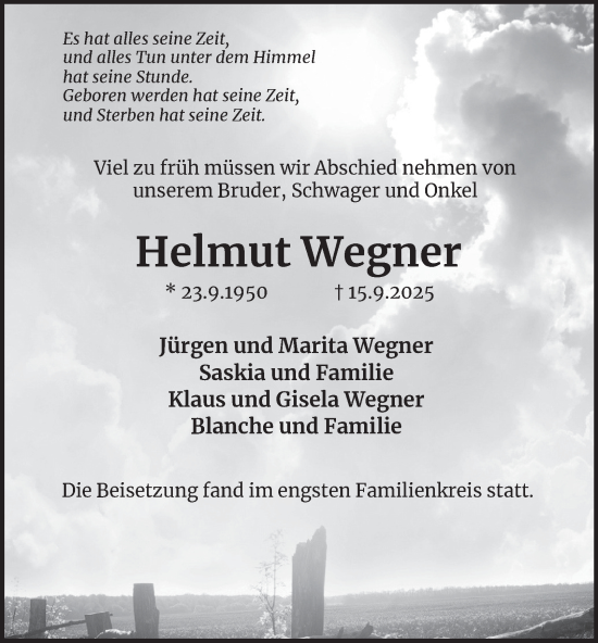Traueranzeige von Helmut Wegner von Tageszeitung