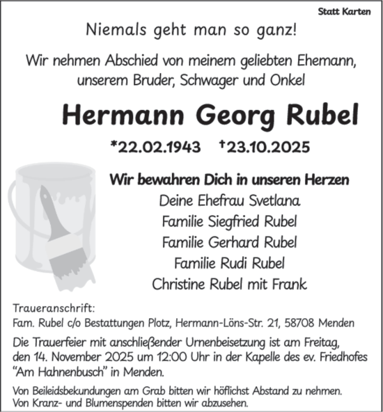 Traueranzeige von Hermann Georg Rubel von Tageszeitung