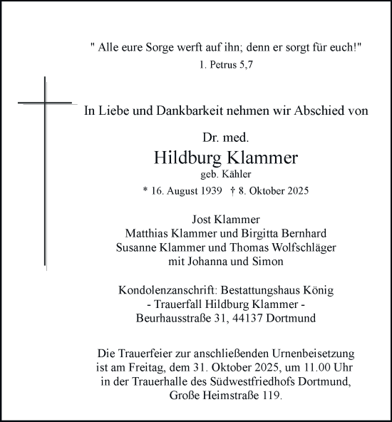 Traueranzeige von Hildburg Klammer von Tageszeitung