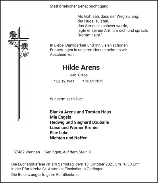 Traueranzeige von Hilde Arens von Tageszeitung