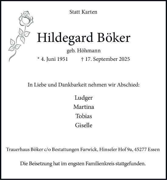 Traueranzeige von Hildegard Böker von Tageszeitung