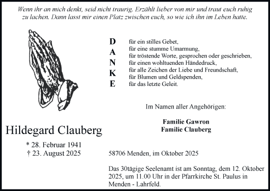 Traueranzeige von Hildegard Clauberg von Tageszeitung