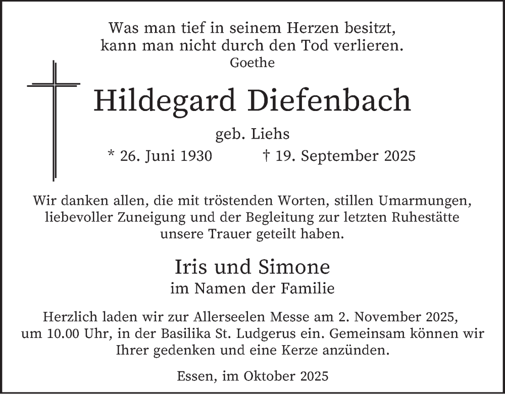  Traueranzeige für Hildegard Diefenbach vom 24.10.2025 aus Tageszeitung