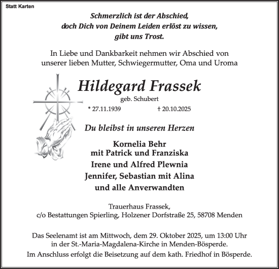 Traueranzeige von Hildegard Frassek von Tageszeitung