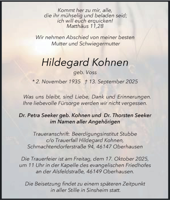 Traueranzeige von Hildegard Kohnen von Tageszeitung