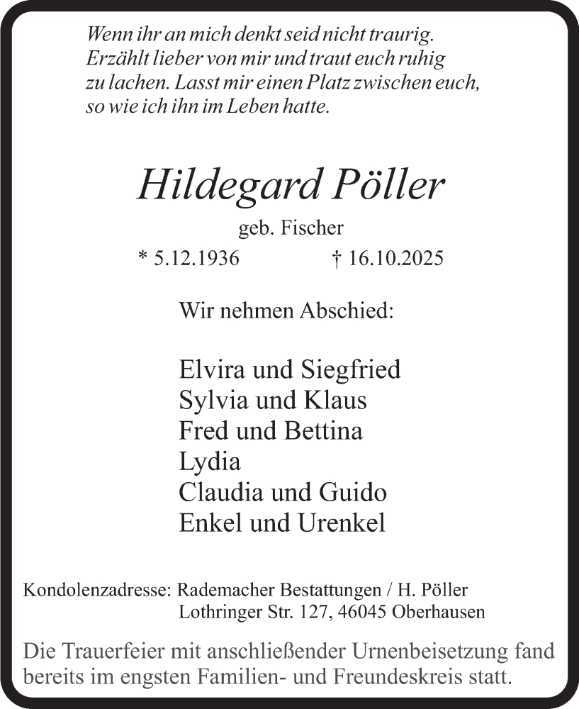  Traueranzeige für Hildegard Pöller vom 01.11.2025 aus Tageszeitung