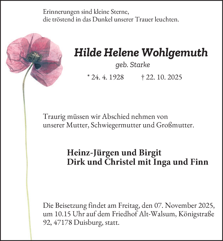  Traueranzeige für Hilde Helene Wohlgemuth vom 29.10.2025 aus Tageszeitung