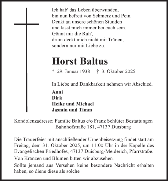 Traueranzeige von Horst Baltus von Tageszeitung