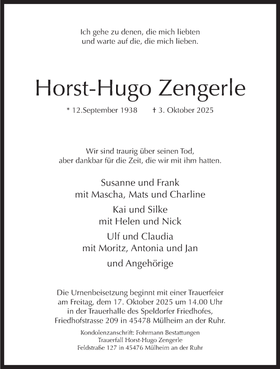 Traueranzeige von Horst-Hugo Zengerle von Tageszeitung