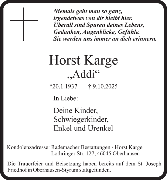 Traueranzeige von Horst Karge von Tageszeitung