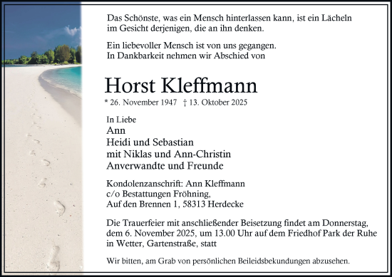 Traueranzeige von Horst Kleffmann von Tageszeitung