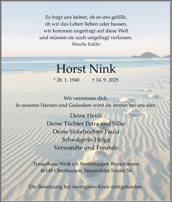 Traueranzeige von Horst Nink von Tageszeitung