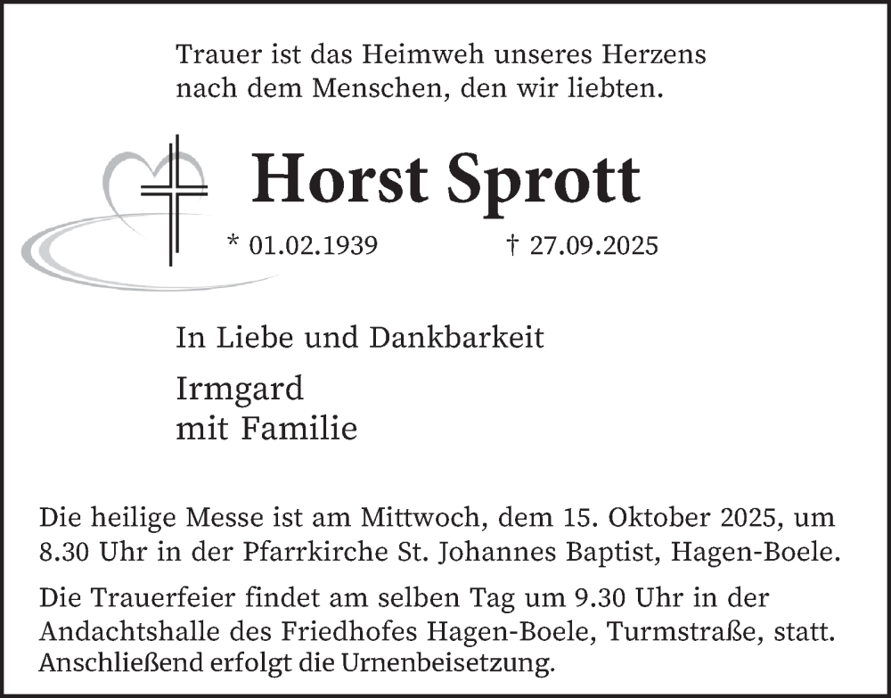  Traueranzeige für Horst Sprott vom 04.10.2025 aus Tageszeitung