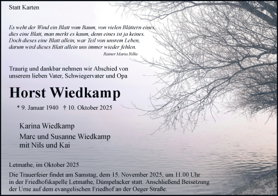 Traueranzeige von Horst Wiedkamp von Tageszeitung