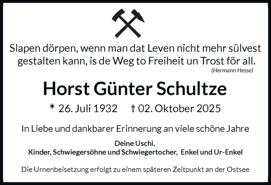 Traueranzeige von Horst Günter Schultze von Tageszeitung