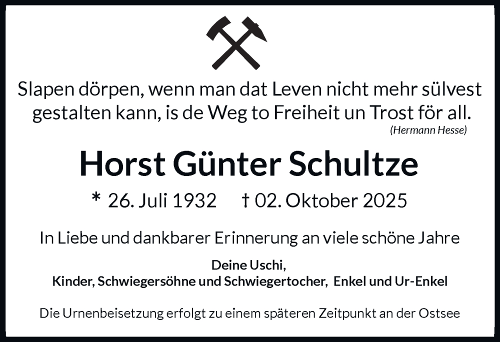  Traueranzeige für Horst Günter Schultze vom 25.10.2025 aus Tageszeitung