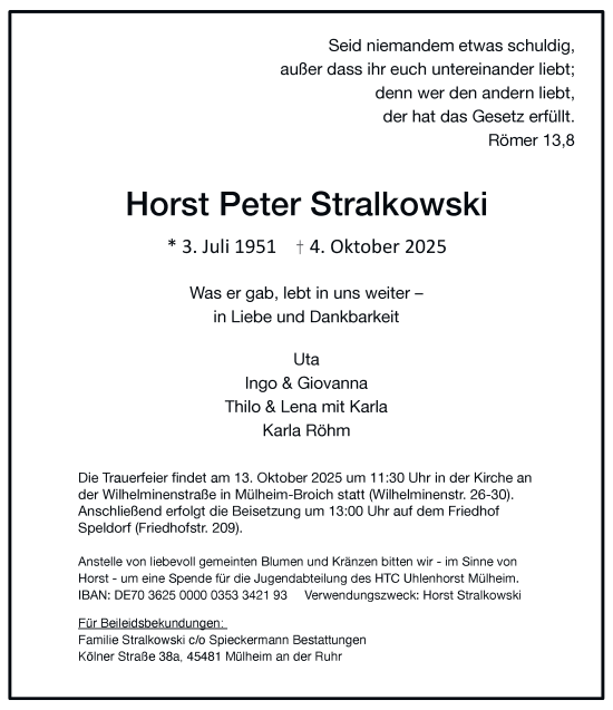 Traueranzeige von Horst Peter Stralkowski von Tageszeitung