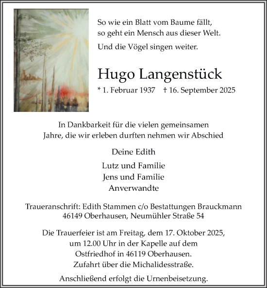 Traueranzeige von Hugo Langenstück von Tageszeitung