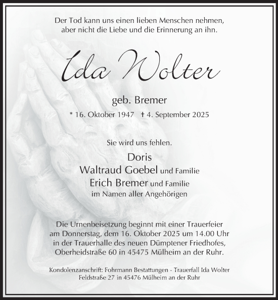 Traueranzeige von Ida Wolter von Tageszeitung