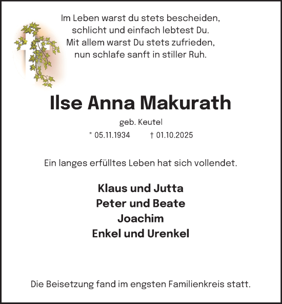 Traueranzeige von Ilse Anna Makurath von Tageszeitung