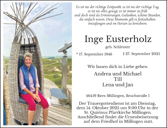 Traueranzeige von Inge Eusterholz von Tageszeitung