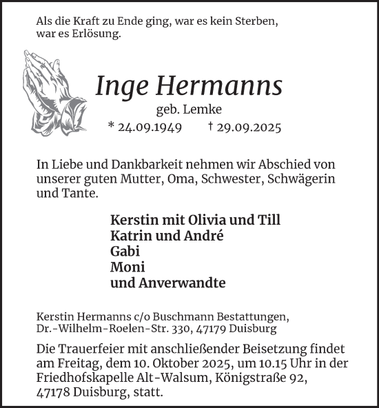 Traueranzeige von Inge Hermanns von Tageszeitung