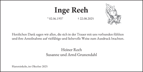 Traueranzeige von Inge Reeh von Tageszeitung