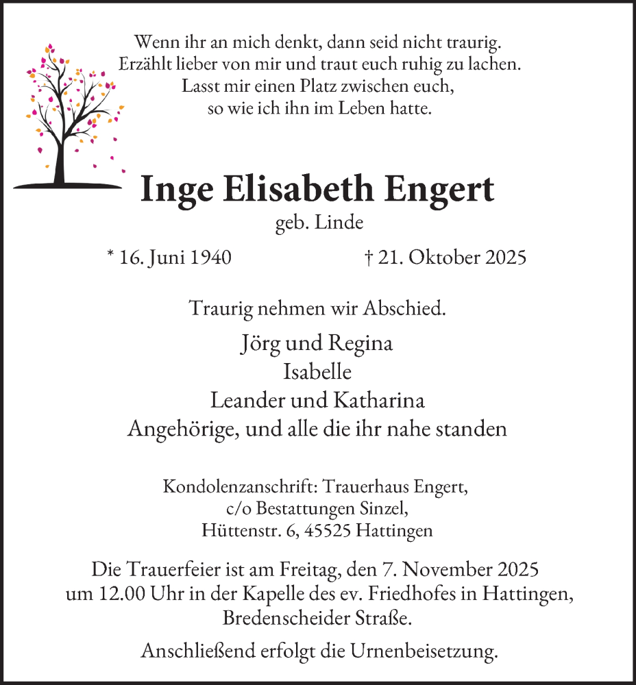  Traueranzeige für Inge Elisabeth Engert vom 01.11.2025 aus Tageszeitung